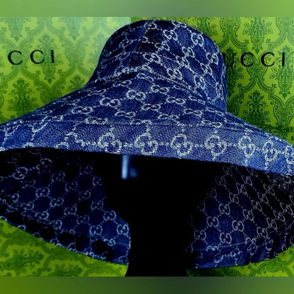 Gucci Bucket Hat GG Monogram Wide Large Brim Jacquard Canvas Denim New - Picture 8 of 11
